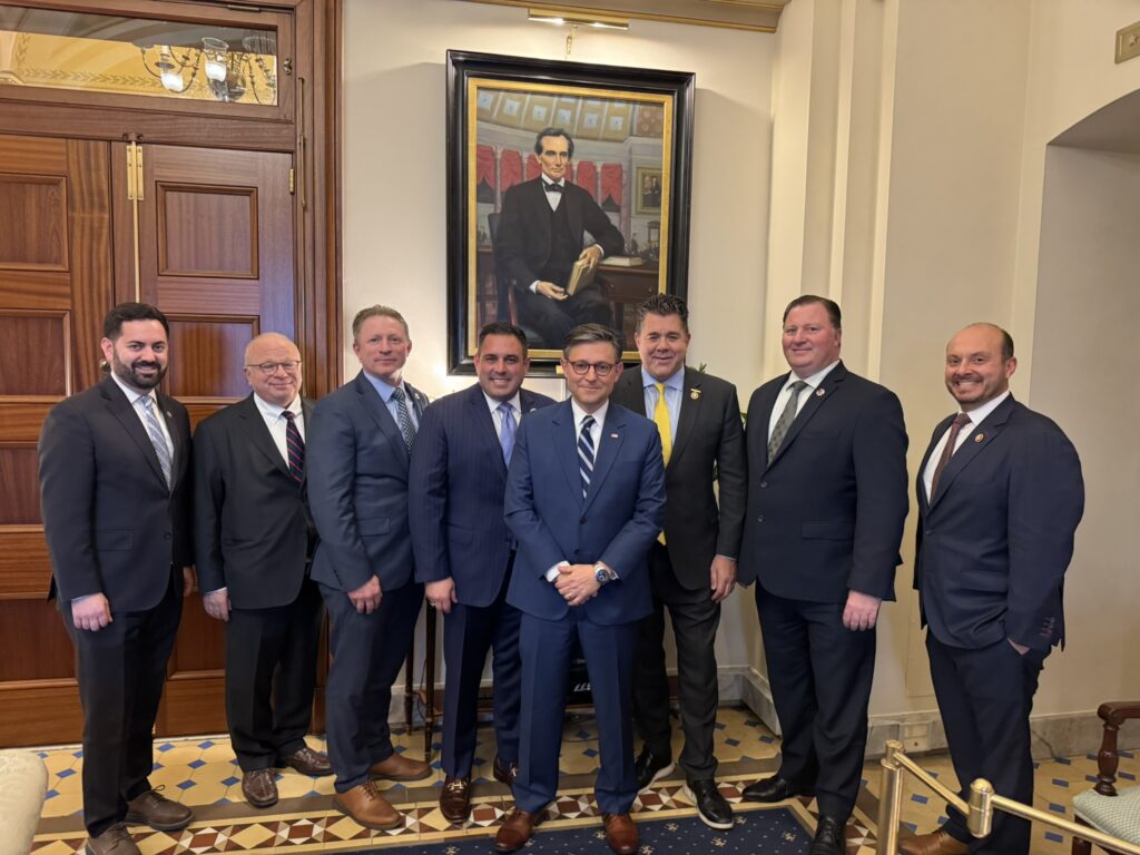 Congressman Mike Lawler, (R-NY), Benjamin Chevat, Executive Director of  Citizens for the Extension of the James Zadroga Act, Jim Brosi, President of the Uniform Fire Officers, Congressman Anthony D’Esposito (R-NY) Speaker of the House Congressman Mike Johnson (R-LA), Congressman Nick LaLota (R-NY), Andrew Ansbro, President of the Uniform Fire Fighters and Congressman Andrew Garbarino, (R-NY) lead sponsor in the House of the Legislation to deal with the problem.