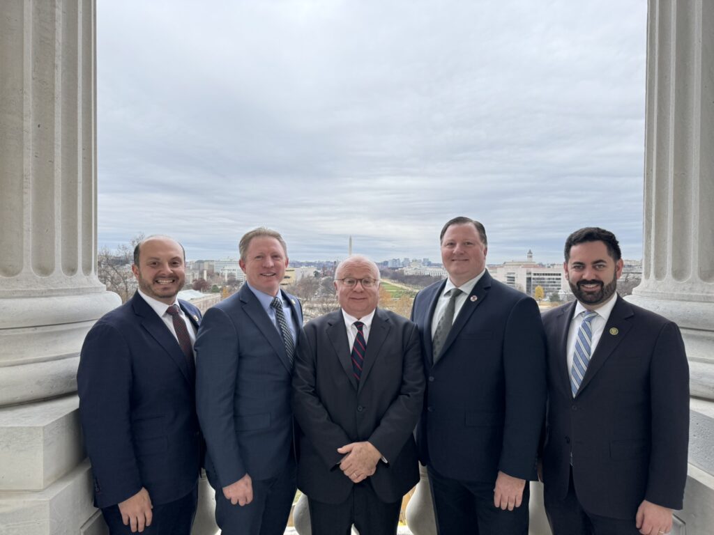 Congressman Mike Lawler, (R-NY), Benjamin Chevat, Executive Director of Citizens for the Extension of the James Zadroga Act, Jim Brosi, President of the Uniform Fire Officers, Congressman Anthony D’Esposito (R-NY) Speaker of the House Congressman Mike Johnson (R-LA), Congressman Nick LaLota (R-NY), Andrew Ansbro, President of the Uniform Fire Fighters and Congressman Andrew Garbarino, (R-NY) lead sponsor in the House of the Legislation to deal with the problem.